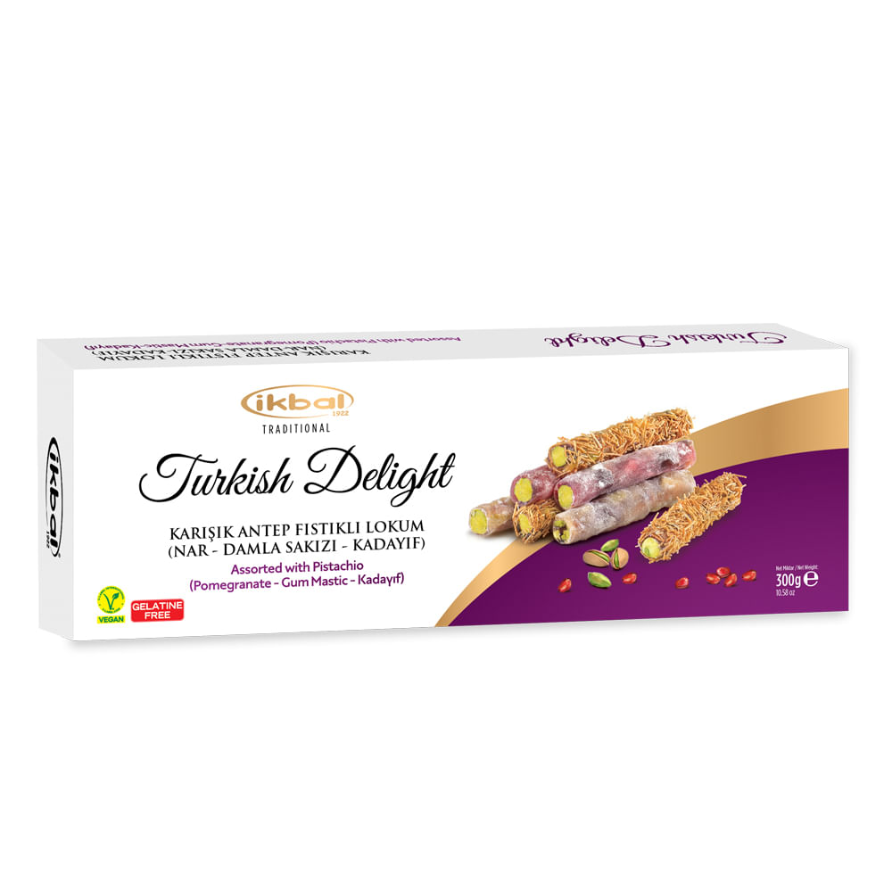 Doce de Goma Delicia Turca Sabor Sortido Sabor Miski com Pistache e Roma Cobertura de Kadalf 300g - Ikbal