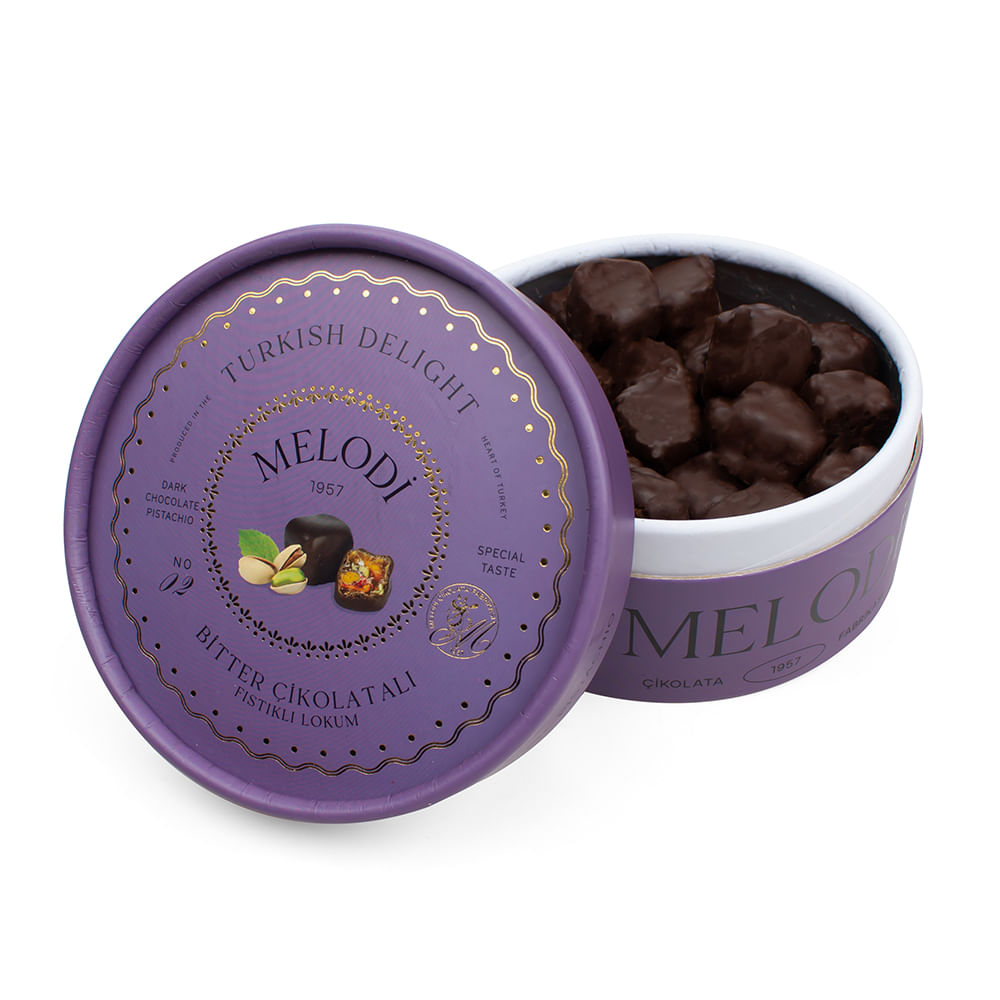 Doce de Goma Delícia Turca com Pistache Coberto com Chocolate Amargo 250g - Melodi